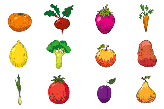 Set of fruits and vegetables illustrations. Hand drawing colorful doodles icon, organic farm product. Vector sketch illustration vintage, retro engraving style