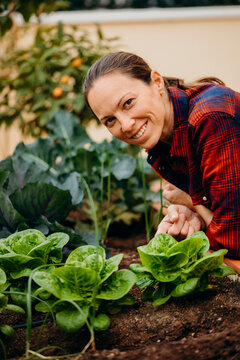Smiling woman leaning by fresh lettuce plants at courtyard garden