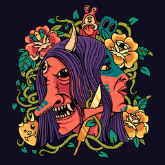 devil mask with girl