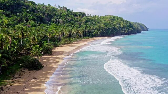 Tropical Eden Landscape With White Beach, Blue Water And Lush Green Jungle, Aerial