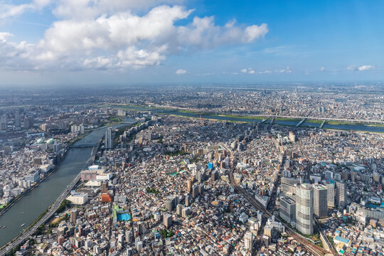 Japan,KantoRegion, Tokyo, Sumida River and surrounding buildings seen from TokyoSkytree