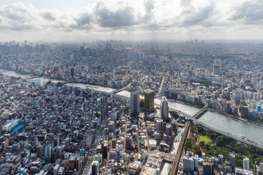 Japan,KantoRegion, Tokyo, Sumida River and surrounding buildings seen from TokyoSkytree