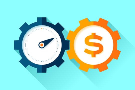 Stopwatch and dollar with gears, time is money, investment mechanism, vector design objects for you projects