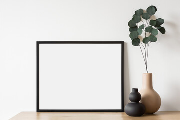 Empty horizontal frame mockup in modern minimalist interior with plant in trendy vase on white wall background. Template for artwork, painting, photo or poster