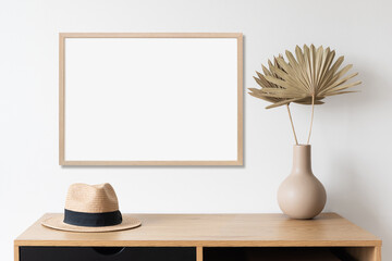 Blank picture frame mockup on white wall horizontal template. Artwork in minimal interior design....