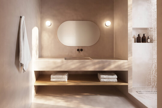 3d Rendering Of A Traditional Concrete Minimal Design Bathroom In Santorini Greece