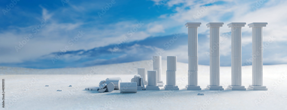 Poster classic column, marble pillar broken blue sky background. ancient greek remains. 3d render