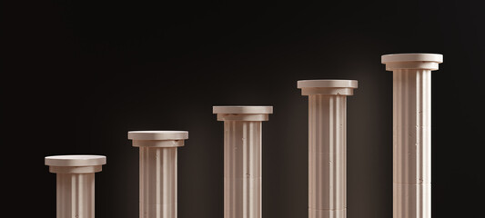 Obraz premium Classic column, marble stone pillar colonnade on black color. Ancient Greek architecture. 3d render