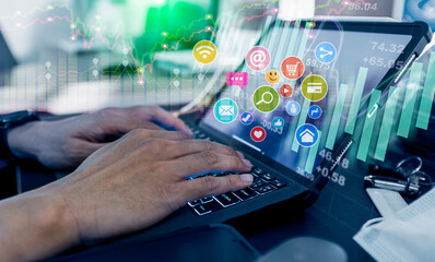 Technology and financial advisory services concert. Business teamwork and working on digital laptop computer with advisor showing plan of investment to clients at table office. Digital marketing.