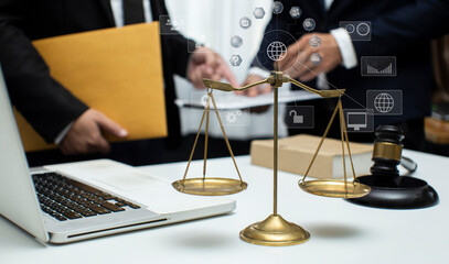 Concepts of Law and Legal services. Lawyer working with law interface icons.