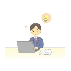 イラスト素材:中高生の学生服姿の男子生徒がノートパソコンでオンライン授業を笑顔で受ける様子
