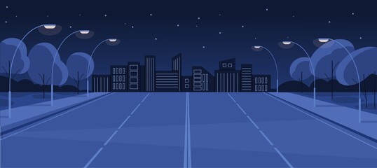 Deserted night road. Empty city street with lamps, lights, buildings, star in sky. Highway perspective. Cityscape panorama with midnight illuminated lane. Nighttime landscape. Flat vector illustration