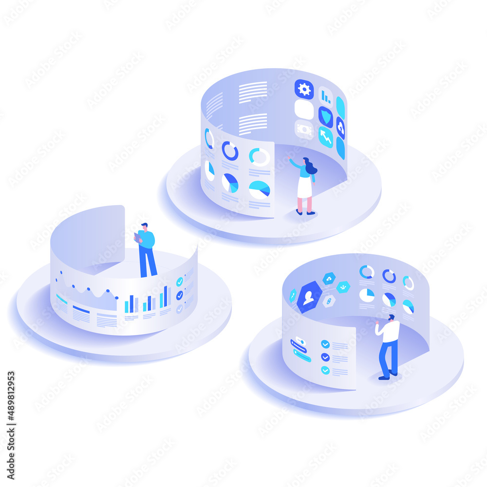 Poster big data analysis concept. people working with database and examining statistics charts on huge dash