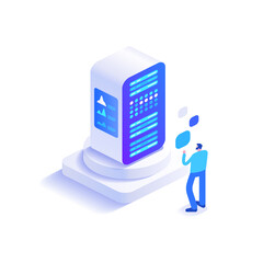 Man interacts with abstract computer for data analysis. Engineer maintains database and working in server hardware room. Man using computing machine. Vector illustration in isometric view design
