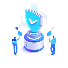 Cyber security and personal data protection. People work in security system. Antivirus program, protection hacker attacks. Verification and authentication users. Vector illustration in isometric view