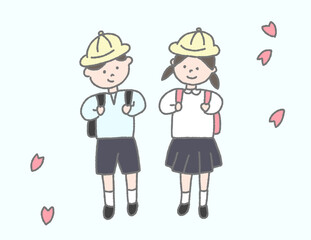 ランドセルを背負って登校する小学生,1年生,一年生,通学,登園,学生,子供,春,入学式,黄色い帽子,ランドセル,新一年生,イラスト,ベクター,女の子,男の子