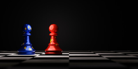 European Union or EU and China flag print screen on pawn chess for business economy and alliance...