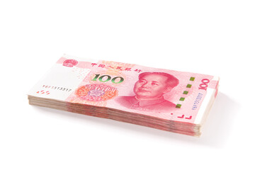 Chinese 100 RMB Yuan banknotes on white background.