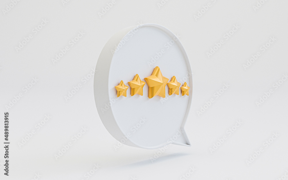 Poster five golden stars inside white message box for client excellent evaluation by 3d render.