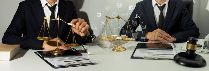 Obraz premium Concepts of Law and Legal services. Lawyer working with law interface icons. Blurred background. 