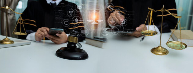 Concepts of Law and Legal services. Lawyer working with law interface icons. Blurred background.	