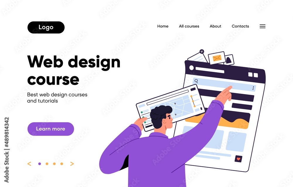 Poster landing page template for website. web-site background, interface layout. wireframe of education pla
