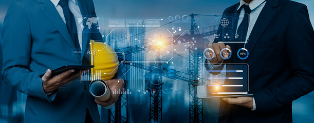 Future building construction engineering and technology project concept. double exposure graphic...