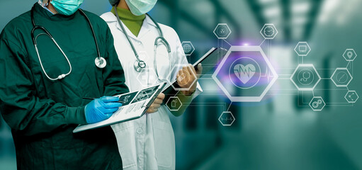 Medicine doctor with digital healthcare and network connection on hologram modern virtual screen interface icons, Medical technology futuristic concept.