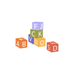 Kids building blocks with alphabet, english letters. Wood ABC cubes, dices for babies, preschool children education, game and playing. Flat vector illustration isolated on white background