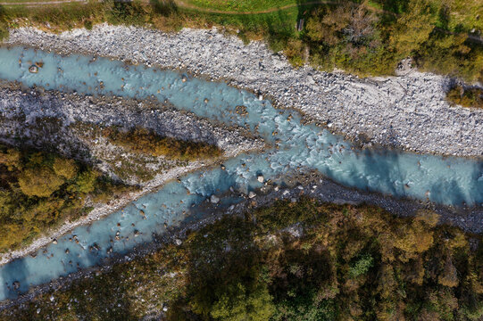 Drone view ofReuss river in autumn