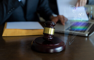Concepts of Law and Legal services. Lawyer working with law interface icons. Blurred background.	