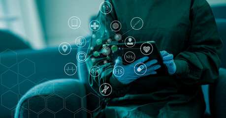 Medicine doctor using digital healthcare and network connection on hologram modern virtual screen...