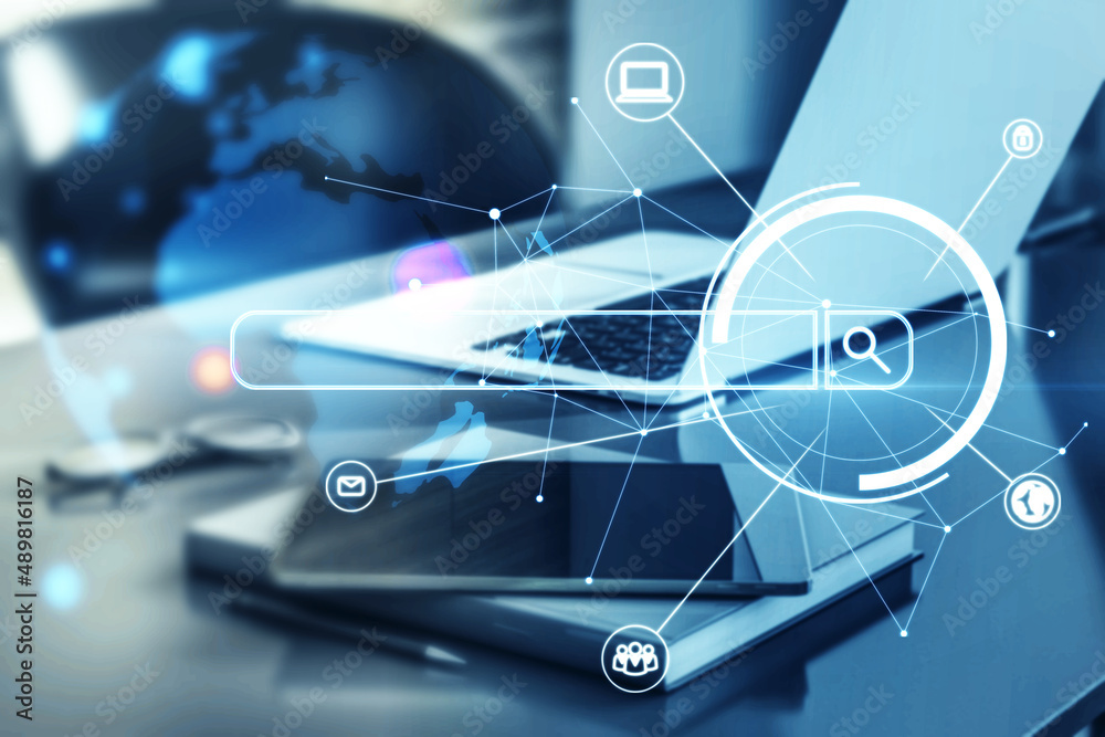 Poster close up of workplace with laptop, tablet, other items and digital search bar hologram and polygonal