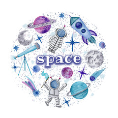 Baby space cartoon illustartion. Watercolor astronomy elements on white background greeting card. Baby boy astronaut