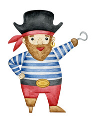 Cartoon pirate character. Watercolor cute sailor hand drawn illustration. Clipart element isolated on white background. Kids art