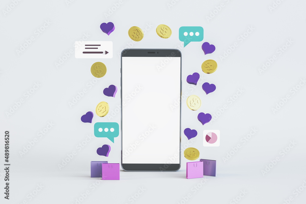 Poster Close up of empty white mock up cellphone screen with online shopping icons. Ecommerce and buy concept. 3D Rendering.
