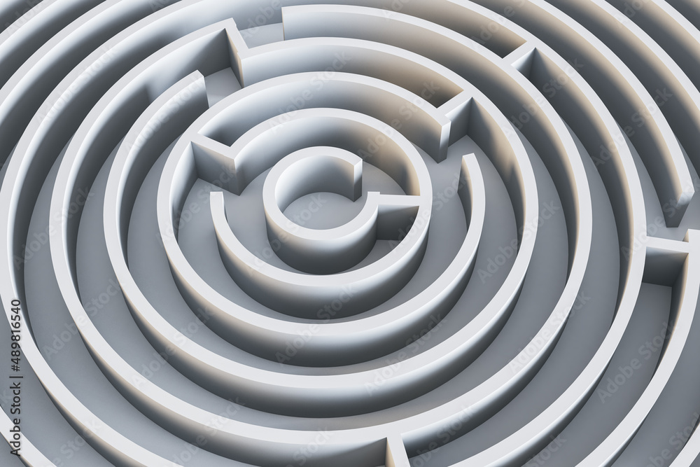 Poster Top view of abstract round maze background. Solution and way out concept. 3D Rendering.