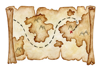 Fototapeta premium Treasure map cartoon illustration. Old yellowed pirate map. Watercolor cipart isolated on white background. Kids illustartion