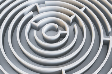 Top view of abstract round maze background. Solution and way out concept. 3D Rendering.
