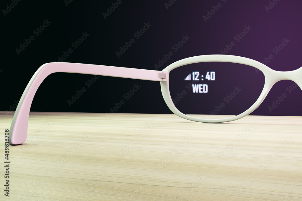 Poster close up of augmented reality glasses on wooden desk and purple background. technology and future co