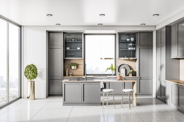 Luxury kitchen design interior with window and city view, daylight, island, appliances and other items. 3D Rendering.