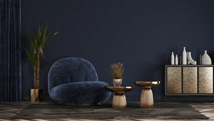 blue interior room with sofa and golden table 3d render © Wisnu haricoyo