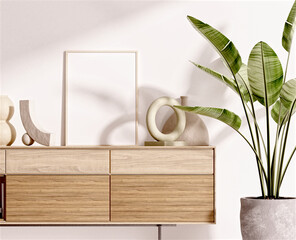 Frame and poster mockup in Boho style interior. 3d rendering, 3d illustration