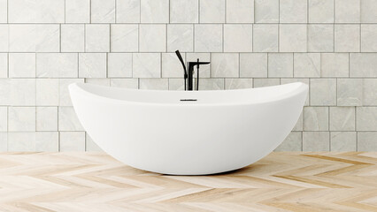 Naklejka na ściany i meble Luxurious Modern Bathroom interior design, white bathtub on white clean wall, 3d render