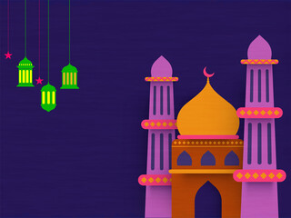 Colorful Mosque Illustration With Hanging Stars, Lanterns Decorated On Purple Background And Copy Space.