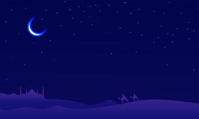 Blue Desert Nighttime Background With Crescent Moon, Silhouette Mosque, People Riding Camel And Copy Space.