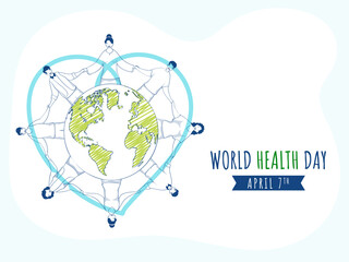 7th April, World Health Day Concept With Doodle Style People Protecting Earth Globe Together On White And Pastel Blue Background.