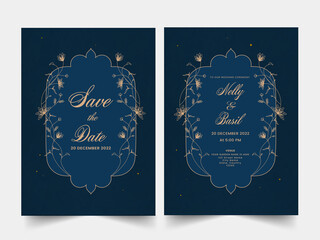 Floral Wedding Invitation Card Template In Blue Color And Event Details.