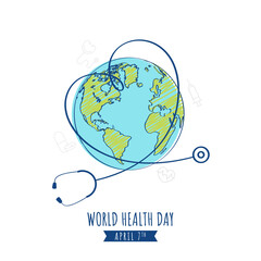 7th April, World Health Day Concept With Doodle Stethoscope And Earth Globe Illustration On White Background.