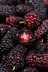 close up of ripe mulberries fruit texture background